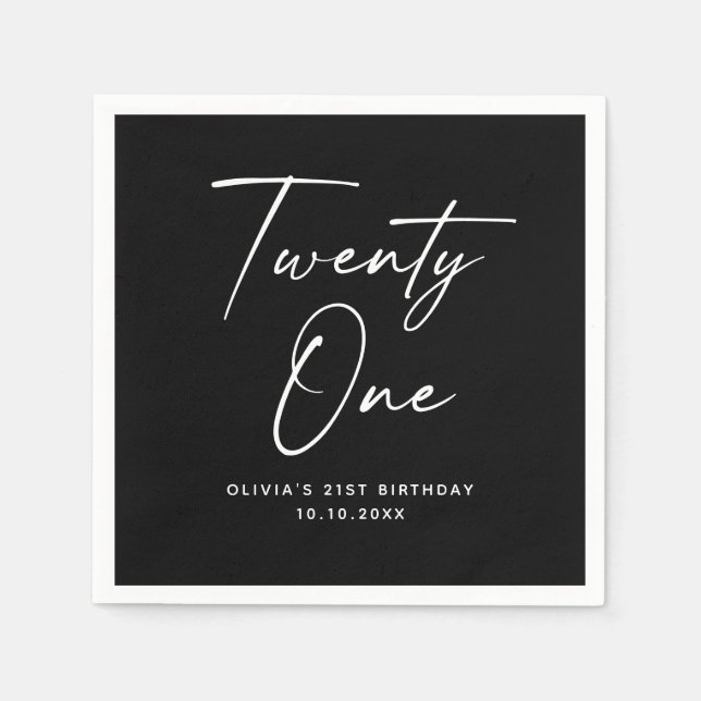 Servilleta De Papel Twenty One 21st Birthday | Elegant Black Modern (Anverso)