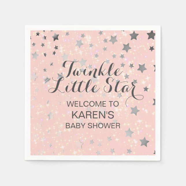 Servilleta De Papel Twinkle Little Star Rubor Pink Silver Baby Shower (Anverso)