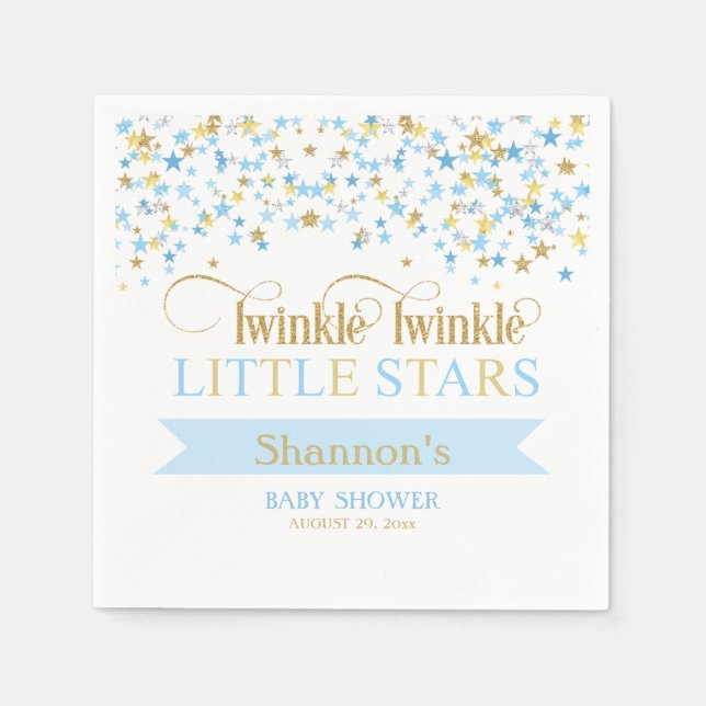 Servilleta De Papel Twinkle Little Stars Twin Baby Shower Blue & Gold (Anverso)