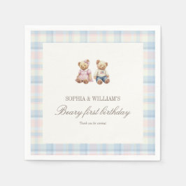Servilleta De Papel Twins Beary First Birthday Napkins | Pink Blue