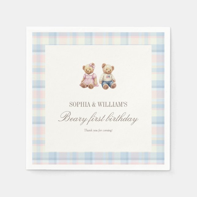 Servilleta De Papel Twins Beary First Birthday Napkins | Pink Blue (Anverso)