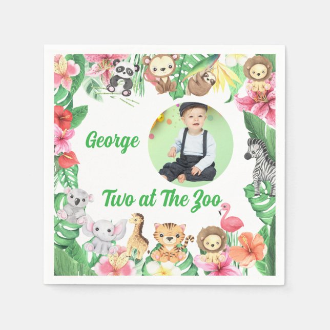Servilleta De Papel Two at The Zoo Jungle Safari Photo Birthday  (Anverso)