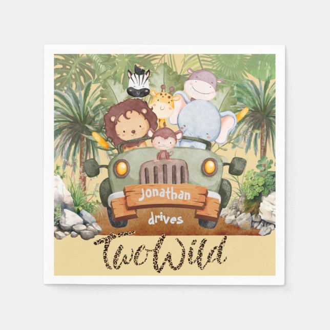 Servilleta De Papel Two Wild Safari Animals Driving Car 2nd Birthday  (Anverso)