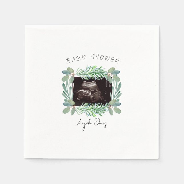 Servilleta De Papel Ultrasonido Foto Greenery Baby Shower neutral (Anverso)