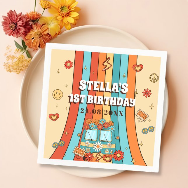 Servilleta De Papel Un arcoiris retro groovy primer cumpleaños (Subido por el creador)
