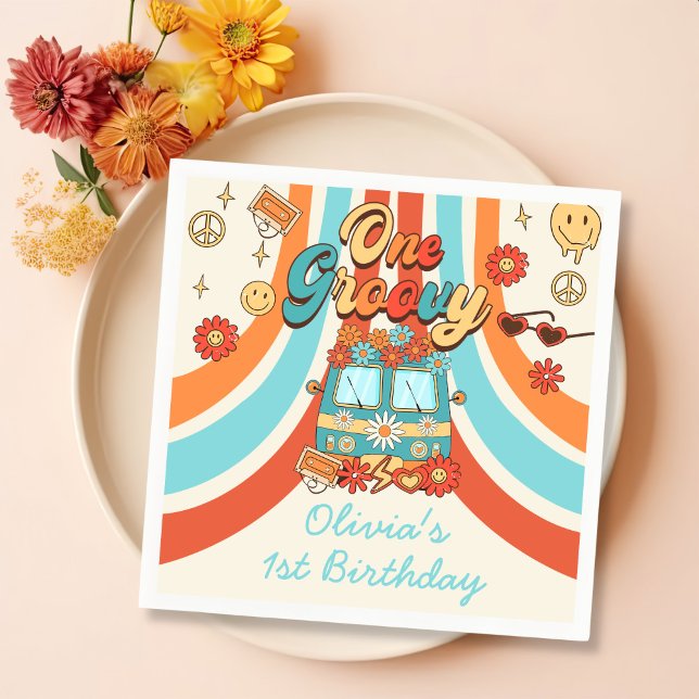 Servilleta De Papel Un arcoiris retro groovy primer cumpleaños (Subido por el creador)