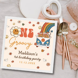 Servilleta De Papel Un arcoiris retro groovy primer cumpleaños