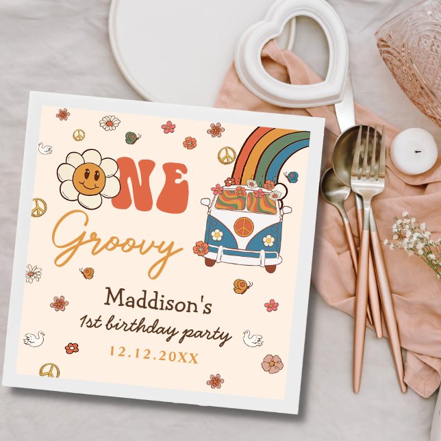 Servilleta De Papel Un arcoiris retro groovy primer cumpleaños (Subido por el creador)