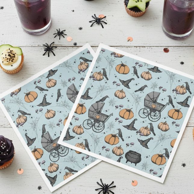 Servilleta De Papel Un bebé está fabricando una camioneta azul victori (Blue Gothic Halloween Baby Shower Paper Napkins. Vintage Baby Carriage, Black Raven, Pumpkin & Web)