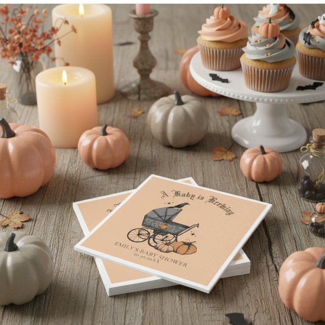 Servilleta De Papel Un bebé está preparando Baby Shower Naranja (A Baby is Brewing Napkins in Gender Neutral Pastel Orange for Halloween Baby Shower. Vintage Style)
