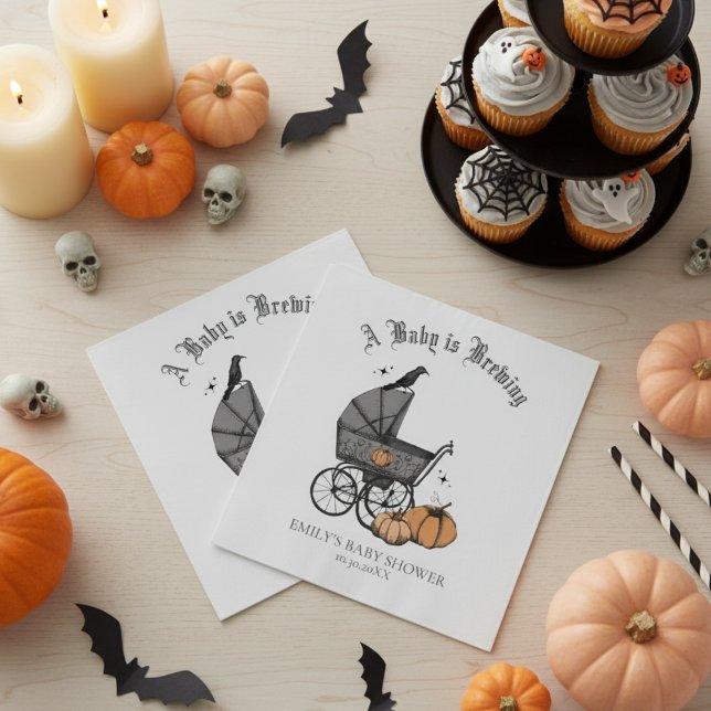 Servilleta De Papel Un bebé está preparando Baby Shower neutral en cua (Spooky Vintage Baby Carriage Halloween Baby Shower Napkins in White. Gothic Black Raven and Pumpkins)