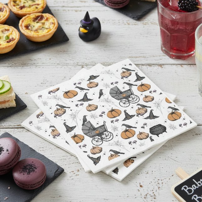 Servilleta De Papel Un bebé está preparando un bebé victoriano blanco (White Gothic Halloween Baby Shower Paper Napkins. Vintage Baby Carriage, Black Raven, Pumpkin & Web)
