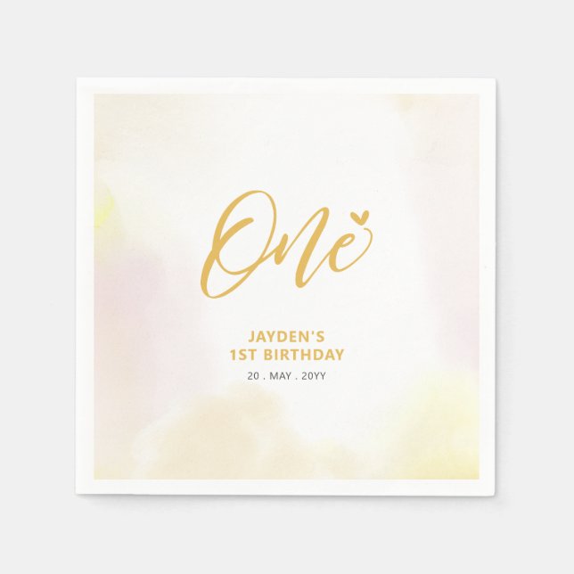 Servilleta De Papel Un corazón amarillo y acuarela niño primer cumplea (Anverso)
