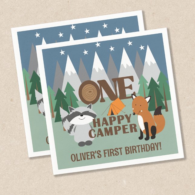 Servilleta De Papel Un Feliz Camper Cute Woodland Animals Favorito (ONE Happy Camper 1st Birthday Napkins - customizable )