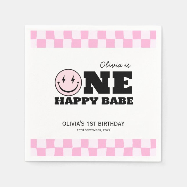 Servilleta De Papel Un feliz cumpleaños de Babe Pink Checkered (Anverso)