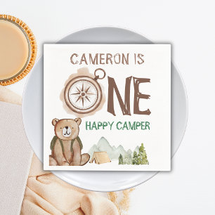 Servilleta De Papel Un feliz Oso de Camper Woodland primer cumpleaños