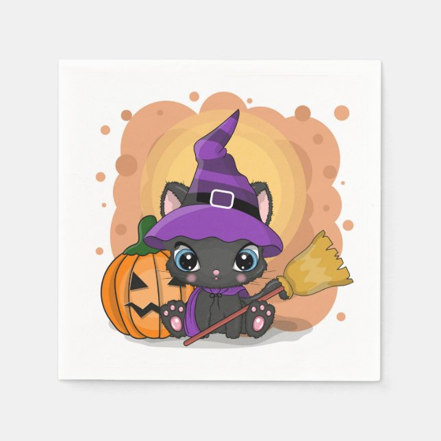 Servilleta De Papel Un gatito negro lindo con un cuarto y una calabaza (Anverso)