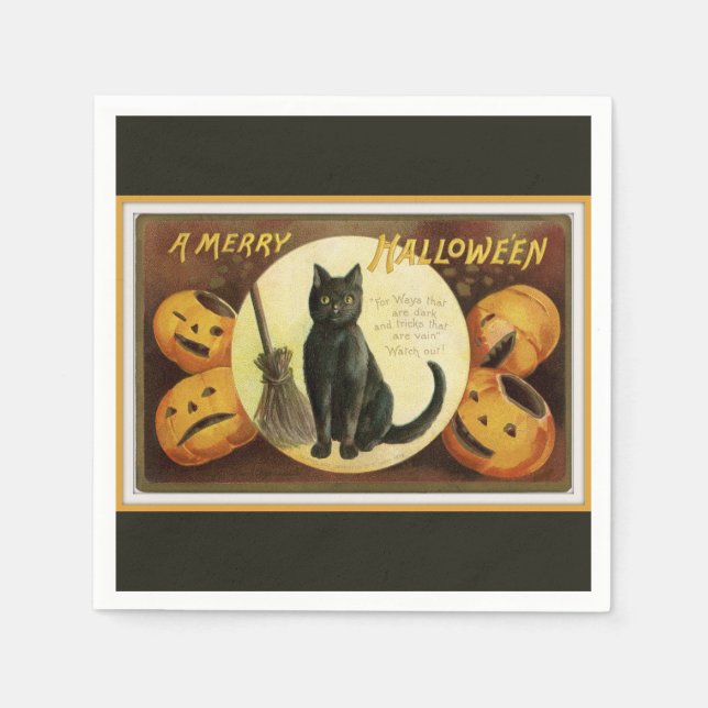 Servilleta De Papel Un gato negro de Feliz Halloween y calabazas negro (Anverso)