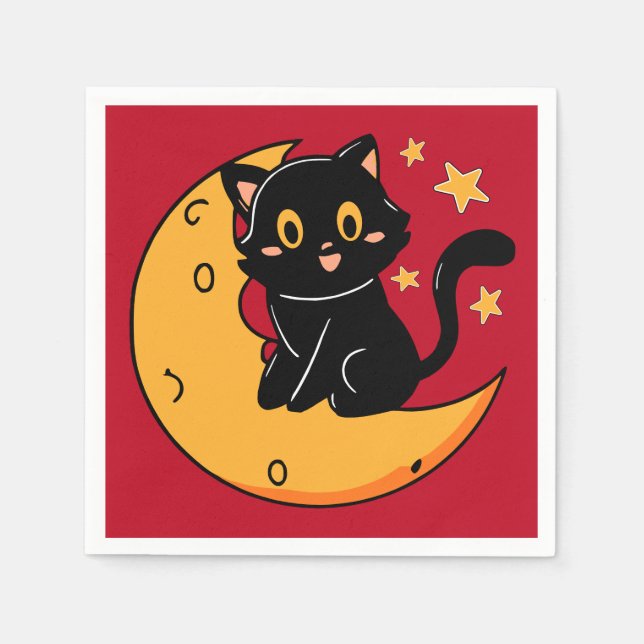 Servilleta De Papel Un gato negro lindo sentado en la luna (Anverso)