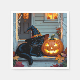Servilleta De Papel Un gato negro tocando la cabeza en una calabaza Ha
