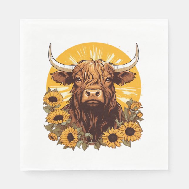 Servilleta De Papel Un Ilustracion de vaca de Highland con Sunflowers  (Anverso)