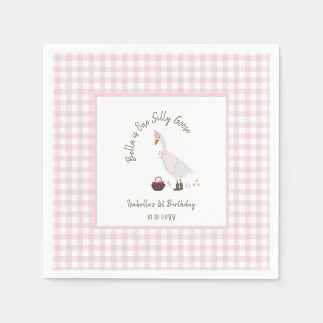 Servilleta De Papel Un Pato Tonto Chicas Rosa Gingham Cumpleaños 1  (Anverso)