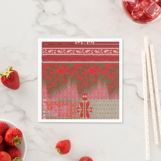 Servilleta De Papel un patrón cruzado con flores y vides rojas (In situ)