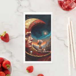 Servilleta De Papel Un pequeño hada sentada en una luna roja dorada.