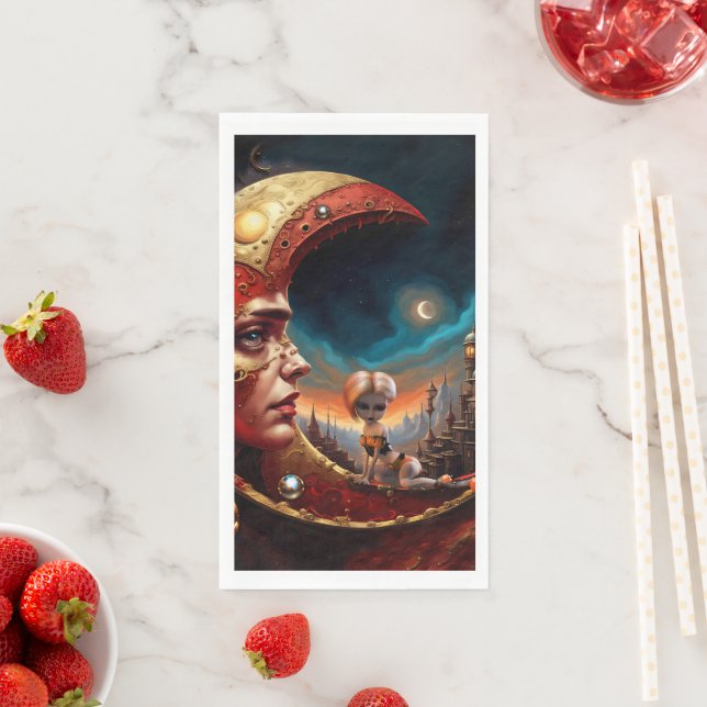 Servilleta De Papel Un pequeño hada sentada en una luna roja dorada. (In situ)