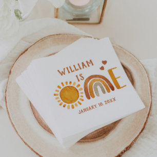 Servilleta De Papel Un primer cumpleaños acuarela Boho Arcoiris y sol