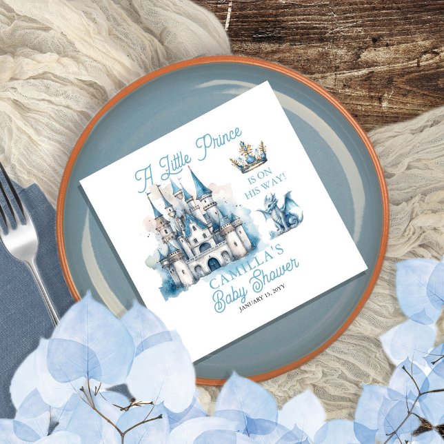 Servilleta De Papel Un principito está de camino, chico Baby Shower ("A Little Prince Is On His Way!" royal-themed Baby Shower party napkins.)