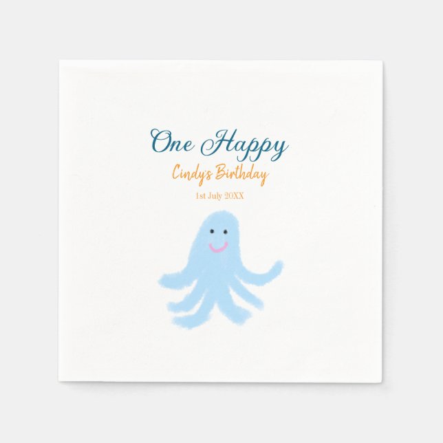 Servilleta De Papel Un pulpo azul feliz bajo el cumpleaños del mar (Anverso)