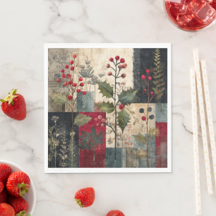 Servilleta De Papel Un rustico patchwork invernal de bayas de acebo