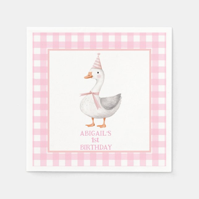 SERVILLETA DE PAPEL UN SILLY GOOSE PINK GINGHAM PRIMER CUMPLEAÑOS (Anverso)