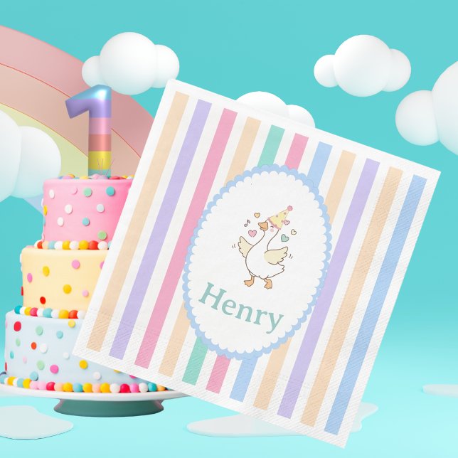 Servilleta De Papel Un Silly Goose Primer Cumpleaños Pastel Rayas (Sweet "One Silly Goose" birthday napkins! Charming pastel stripes. A must-have for your party table!)