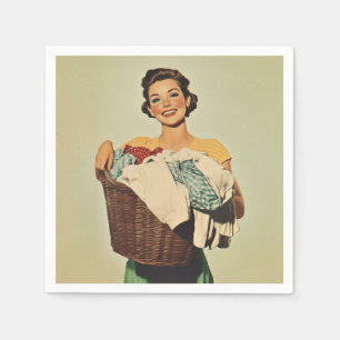Servilleta De Papel Una ama de casa sonriente con una canasta de lavad
