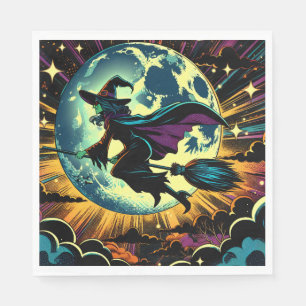 Servilleta De Papel Una Bruja y una fiesta de Halloween con luna llena