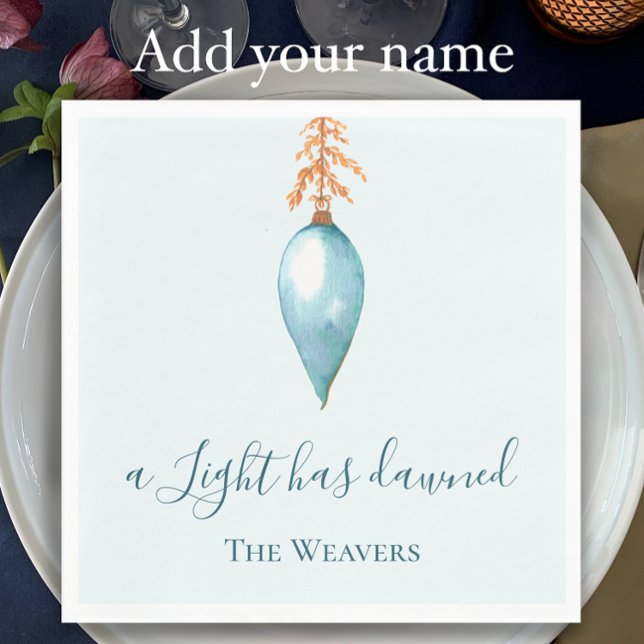 Servilleta De Papel Una luz ha amanecido, acuarela Navidades cristiano (Personalize this template with you name for a unique blue watercolor Christmas dinner napkin)