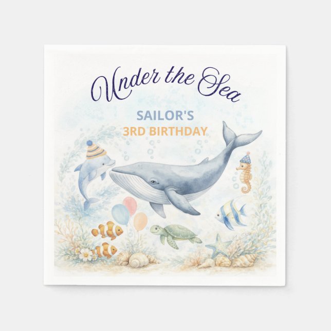 Servilleta De Papel Under the Sea Ocean Animals Whale Birthday (Anverso)