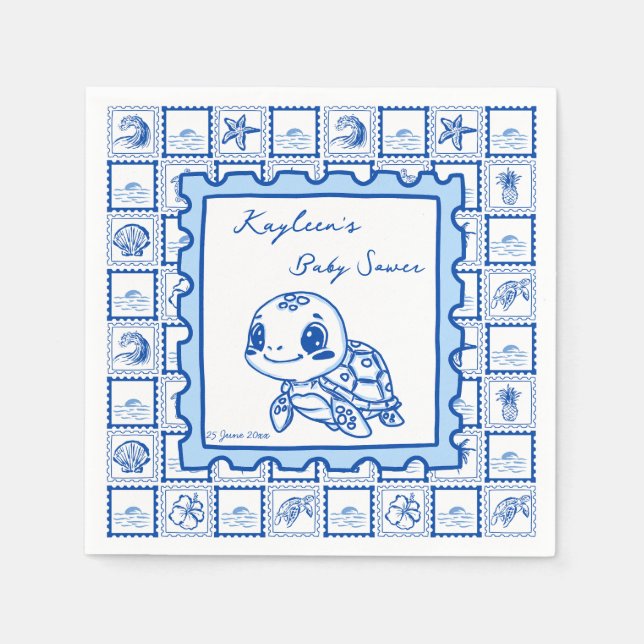 Servilleta De Papel Under the sea turtle retro post stamp monogrammed (Anverso)