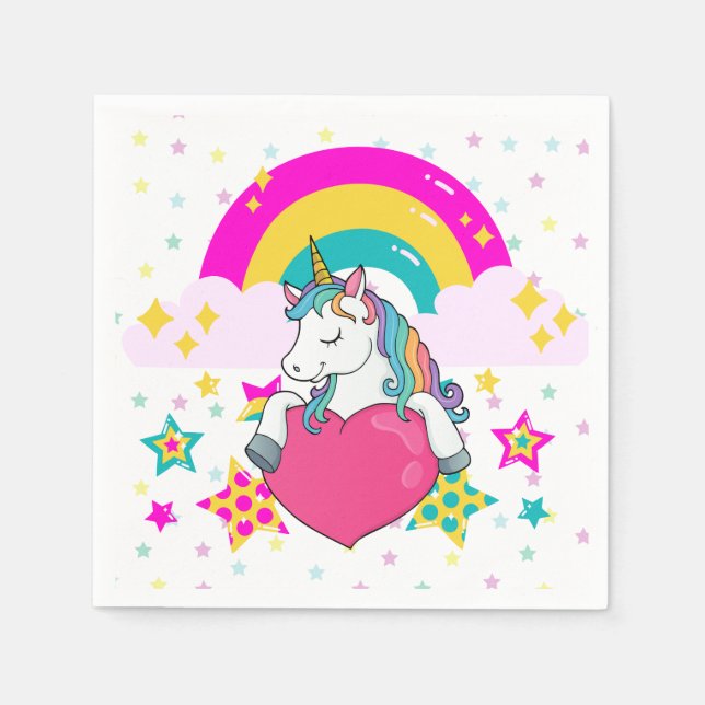 Servilleta De Papel Unicornio arcoiris con estrellas (Anverso)