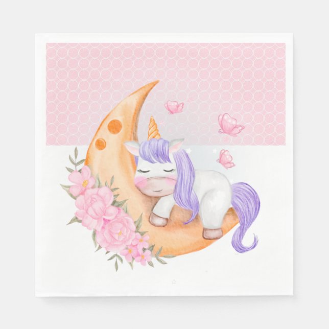 Servilleta De Papel Unicornio bebé sobre la luna con flores (Anverso)