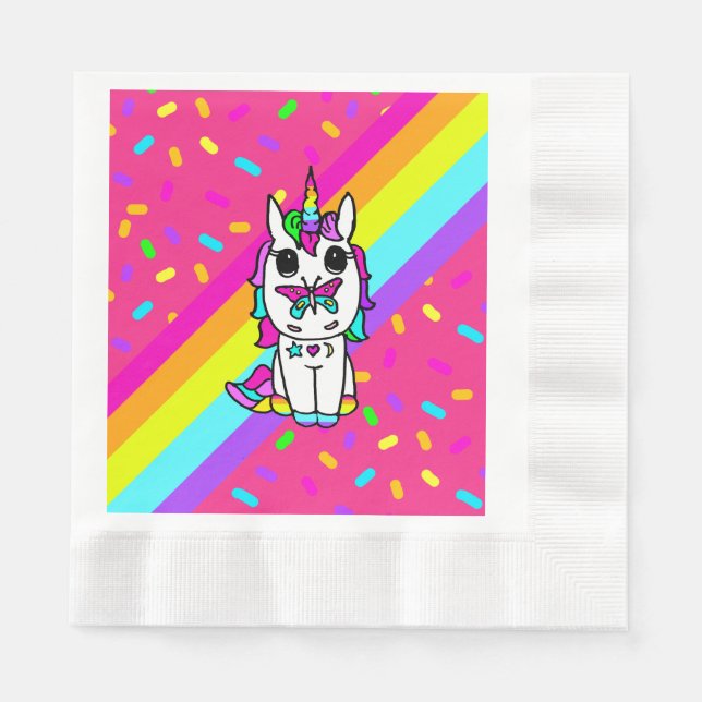 Servilleta De Papel Unicornio con mariposa en Nariz arco iris Sprinkle (Anverso)