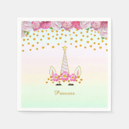 Servilleta De Papel Unicornio, flores rosadas y confeti dorado