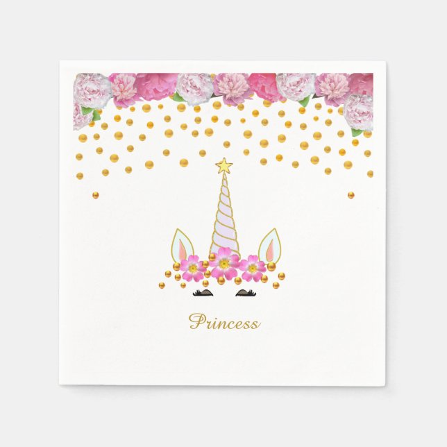 Servilleta De Papel Unicornio, flores rosadas y confeti dorado (Anverso)