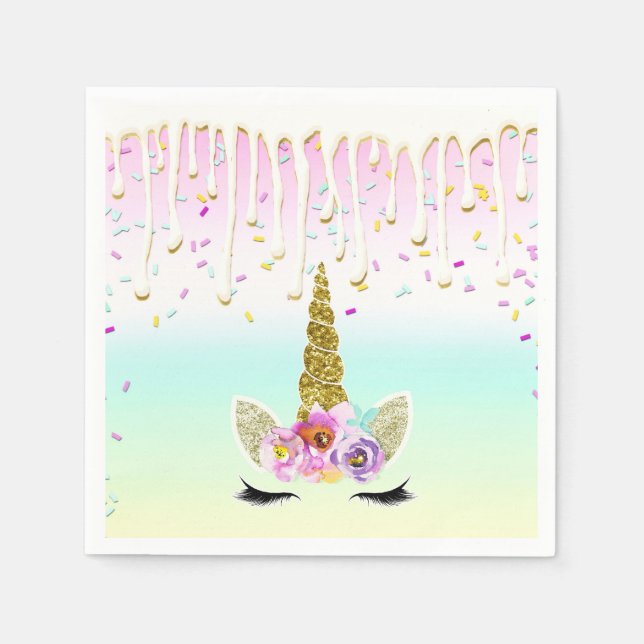 Servilleta De Papel Unicornio Glaseado de Arcoíris Goteante Cumpleaños (Anverso)
