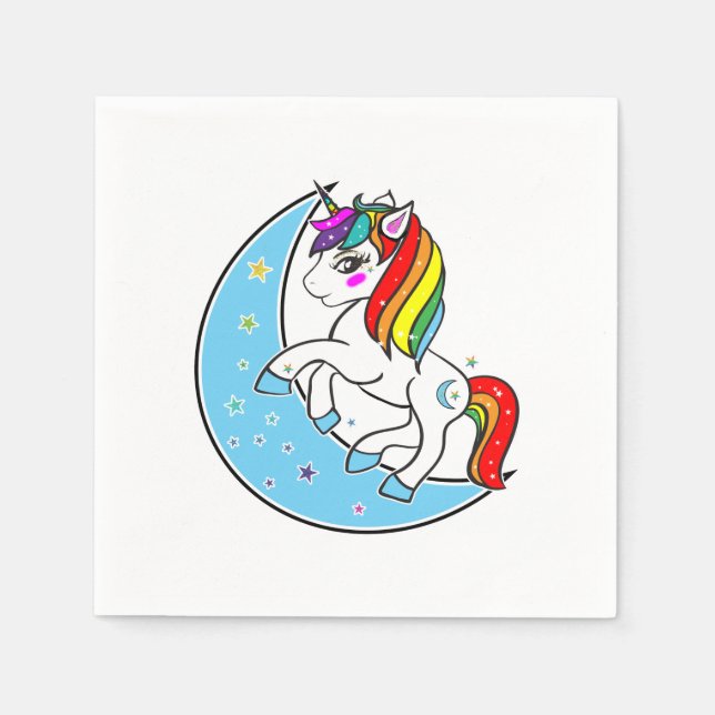 Servilleta De Papel Unicornio Luna Azul Celeste y Estrellas Arcoíris (Anverso)