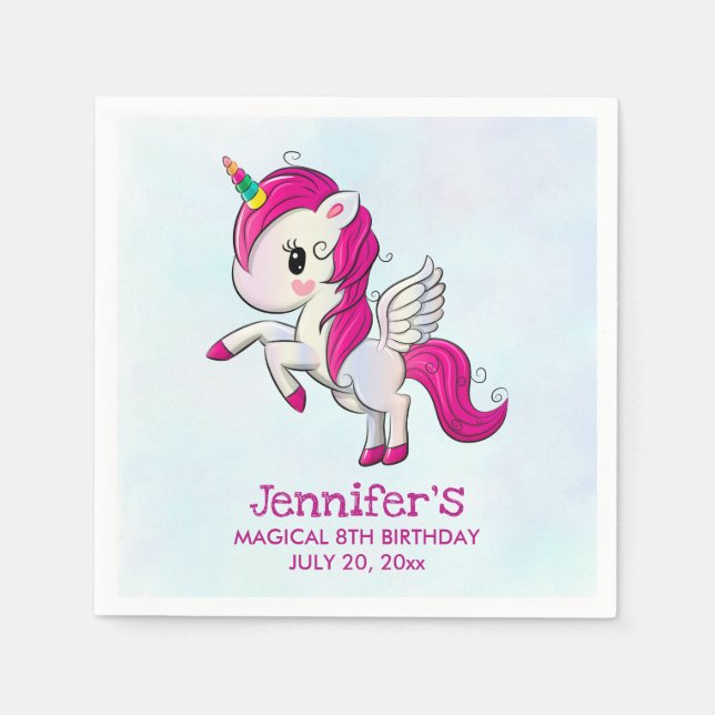 Servilleta De Papel Unicornio rosado con alas Cumpleaños (Anverso)