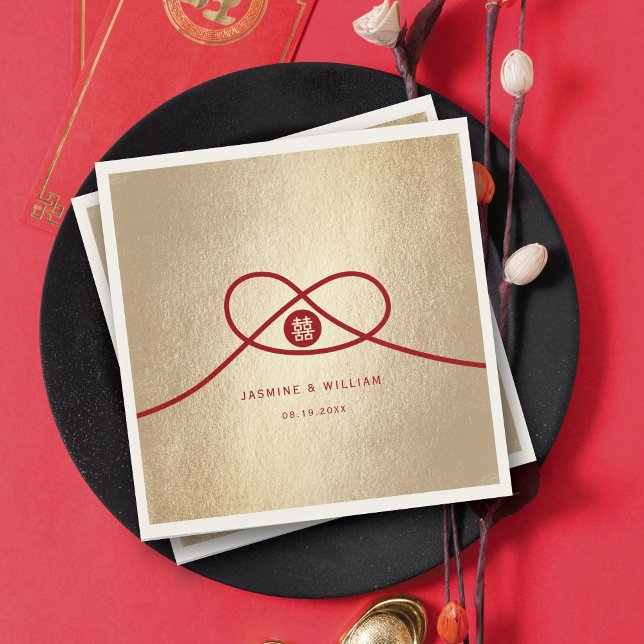 Servilleta De Papel Unión de nudos rojos doble felicidad Boda chino (Red/Gold Knot Union Double Happiness Modern Chinese Wedding Paper Napkins @ fatfatin_red_knot)