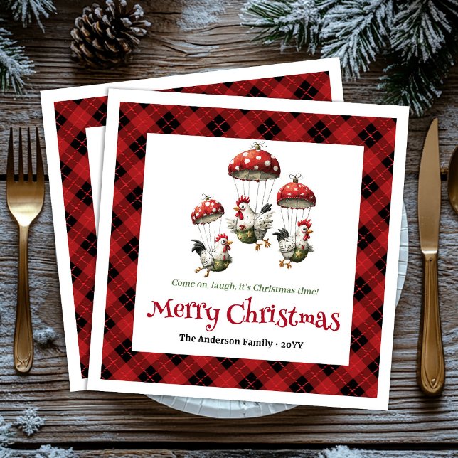 Servilleta De Papel Unique Funny Chickens Editable Custom Name Holiday (Sweet Whimsical Chickens Personalized Red Green Cartoon Christmas Napkins

)